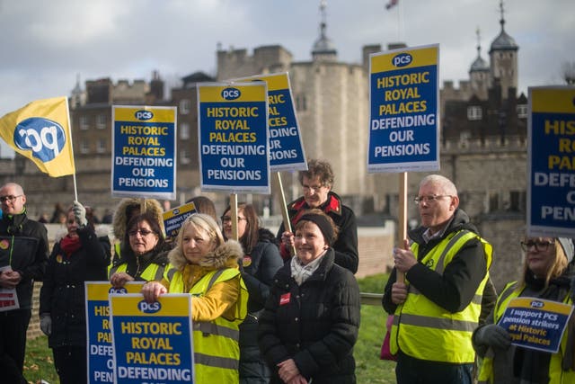People at the Tower of London on the picket line as staff from Historic Royal Palaces take industrial action over pay
