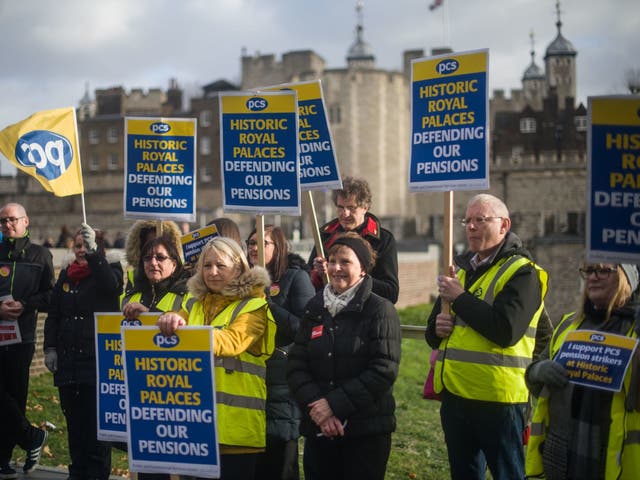 People at the Tower of London on the picket line as staff from Historic Royal Palaces take industrial action over pay