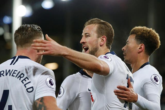 Harry Kane celebrates scoring Tottenham's third against Everton