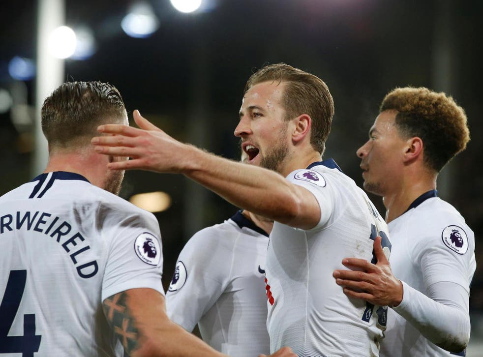 Harry Kane celebrates scoring Tottenham's third against Everton