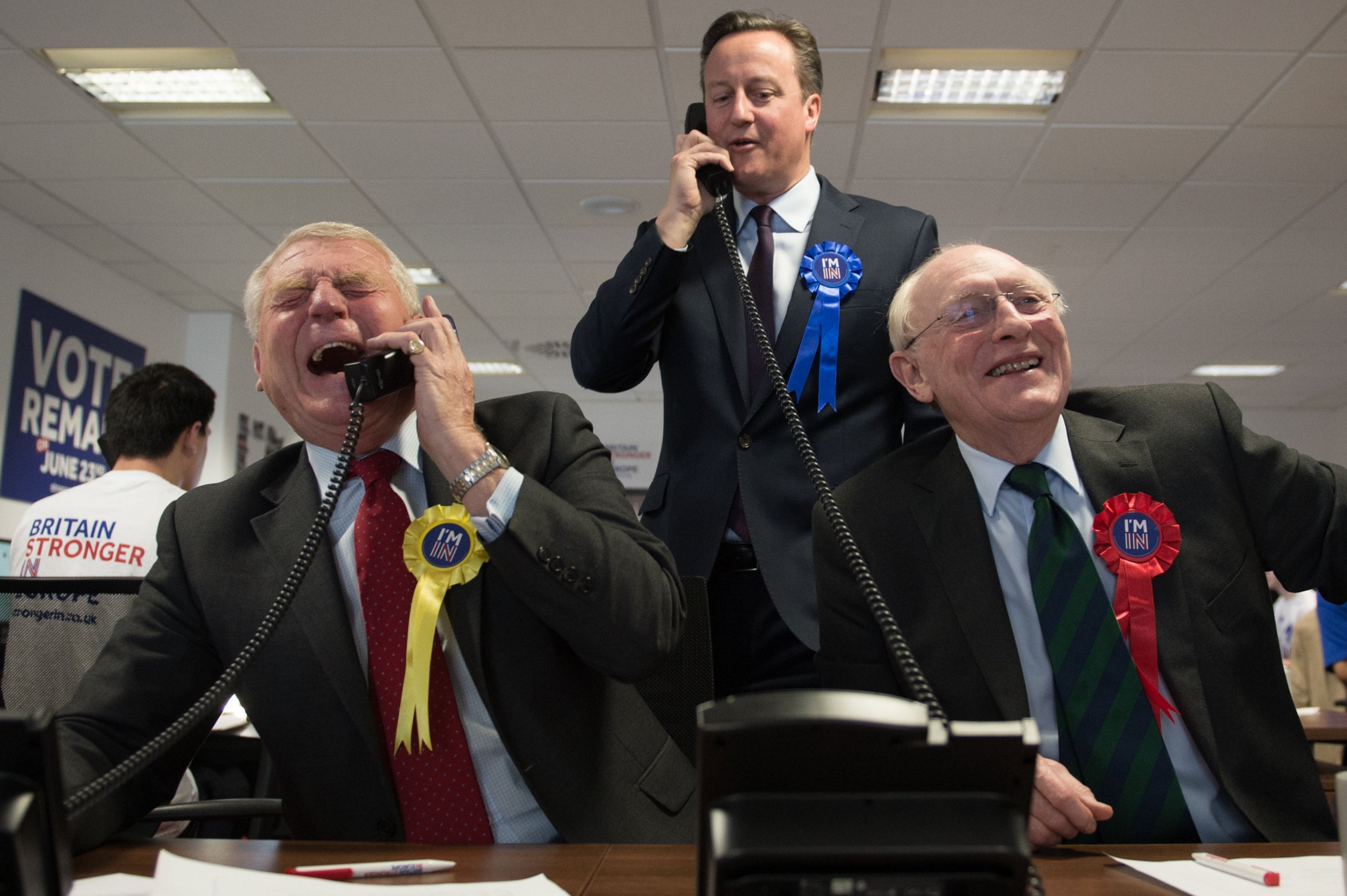 Then prime minister David Cameron campaigning for a Remain vote in the 2016 EU referendum at a phone centre in London with fellow pro-EU campaigners Lord Ashdown and Lord Kinnock