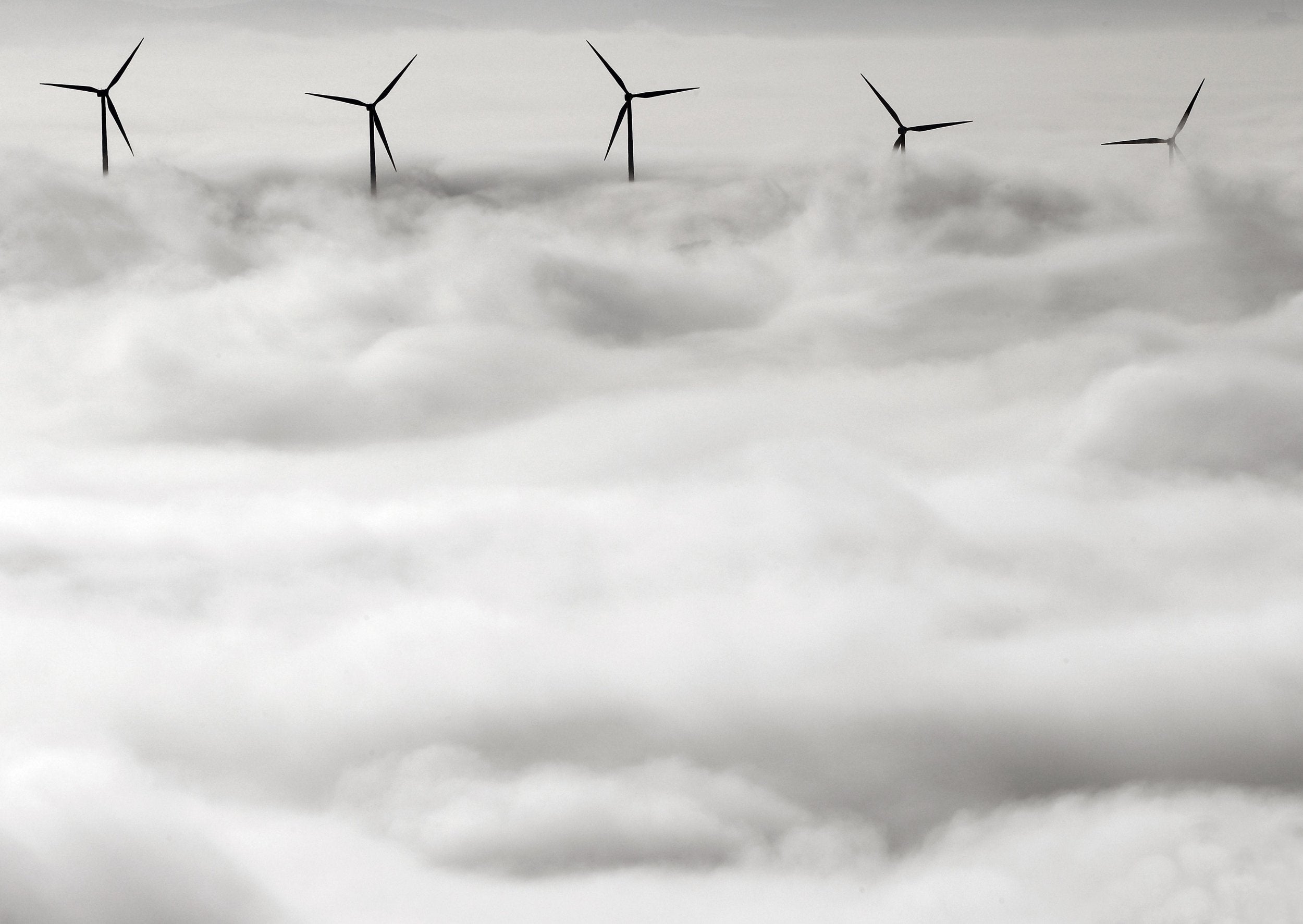 Wind turbines stand out from a dense blanket of fog covering Pamplona, northern Spain