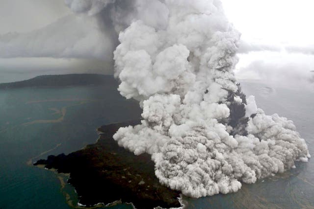 An aerial view shows mount Anak Krakatau erupting in Lampung, Indonesia