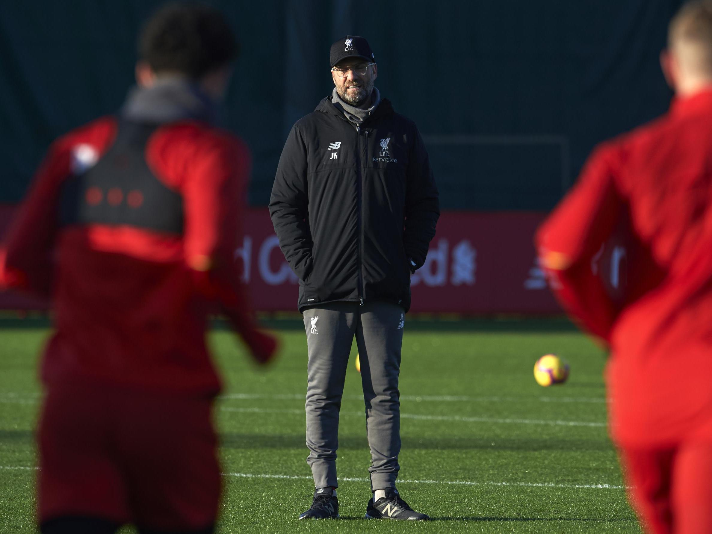 Jurgen Klopp leads a training session at Melwood on Christmas Eve