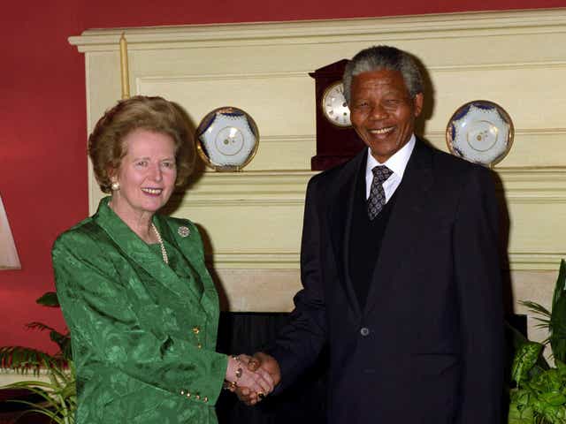 Margaret Thatcher meeting Nelson Mandela in Downing Street in July 1990.  The previous month, she had secretly described him as a bit disappointing, with 'a closed mind'