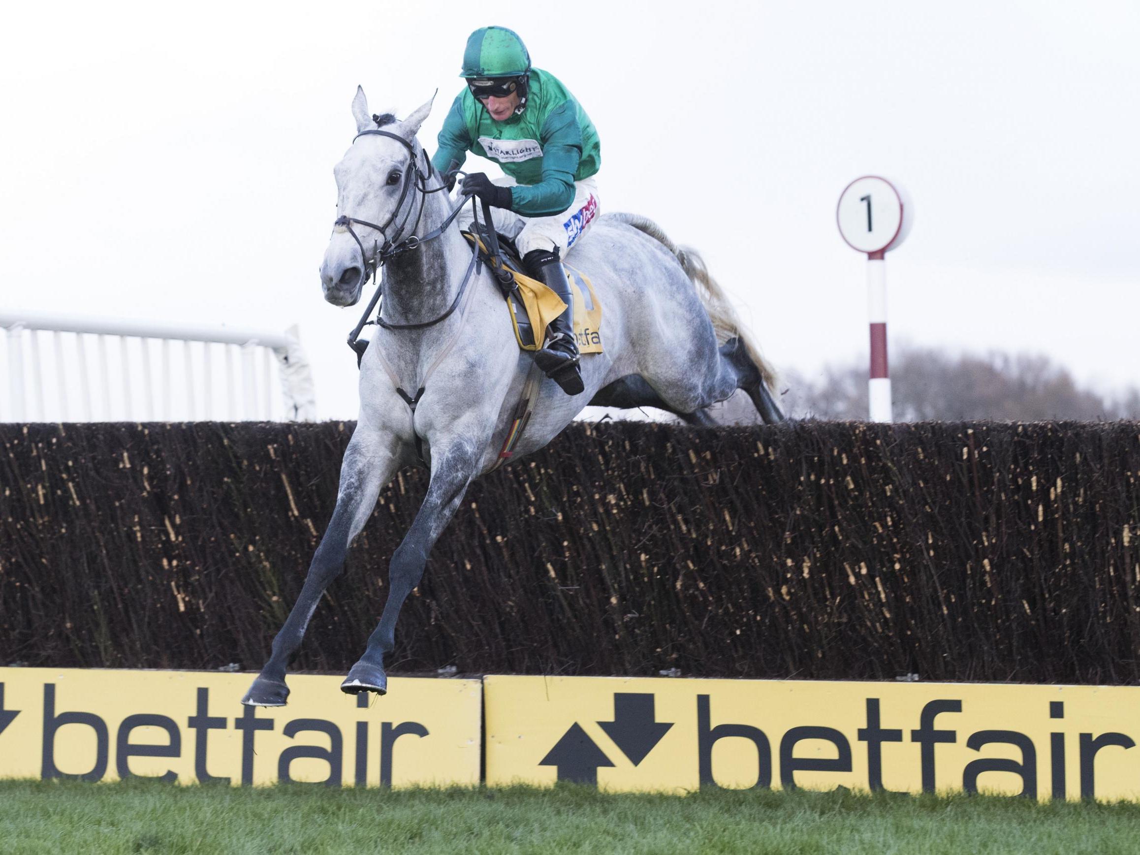 Bristol De Mai ridden by Daryl Jaob jumps the last fence to win the Betfair Chase in November 2017 in Haydock