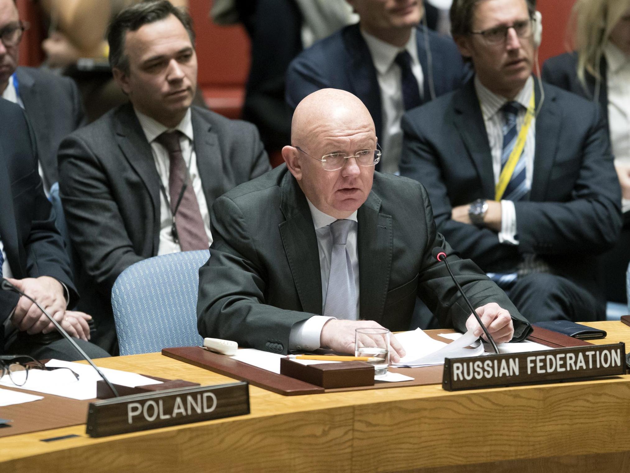 Russian ambassador to the United Nations Vassily Nebenzia speaks during a Security Council meeting on Iran’s compliance with the 2015 nuclear agreement