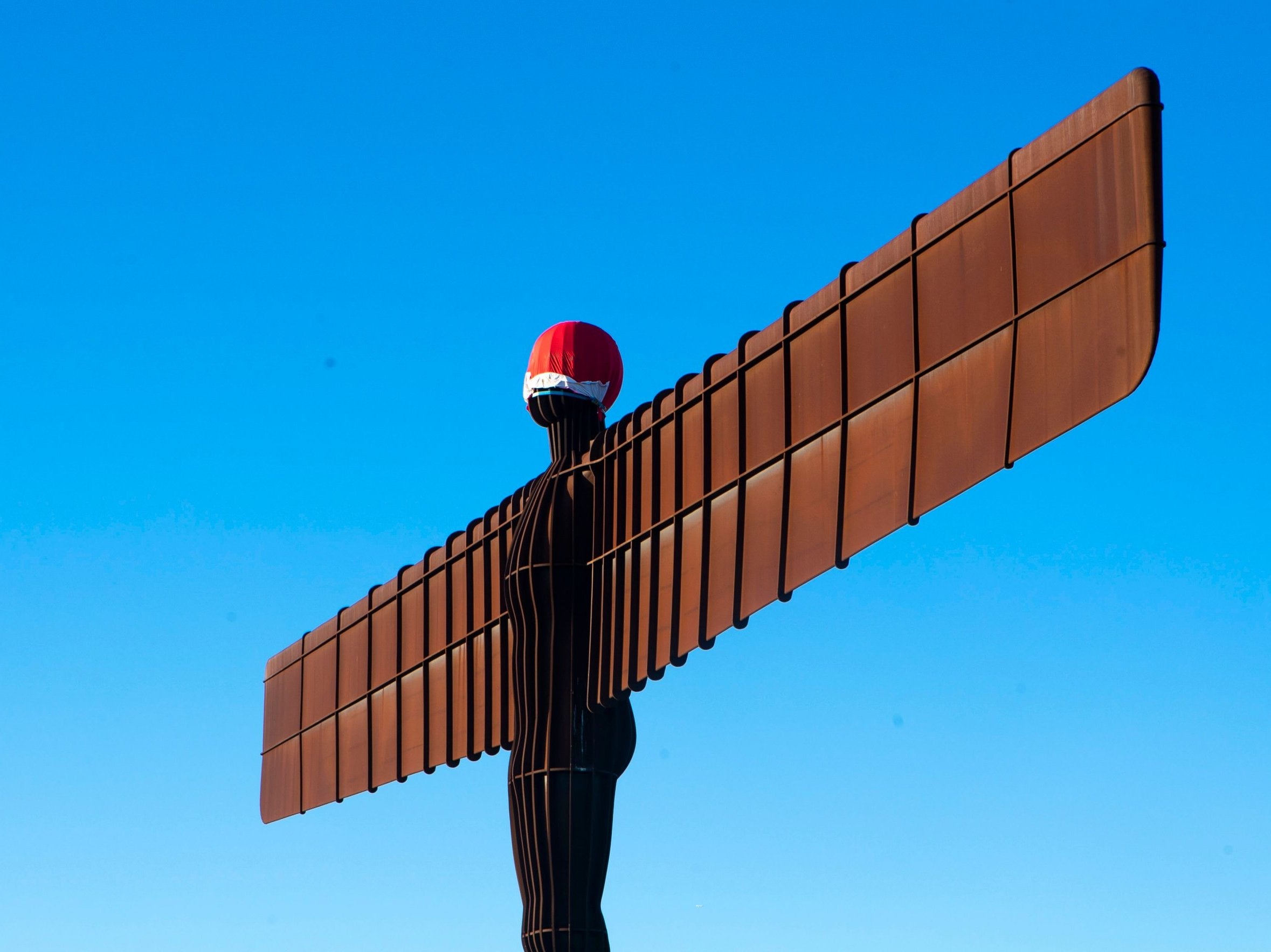 Santa hat on the 20 metre-tall sculpture 'Angel of the North'