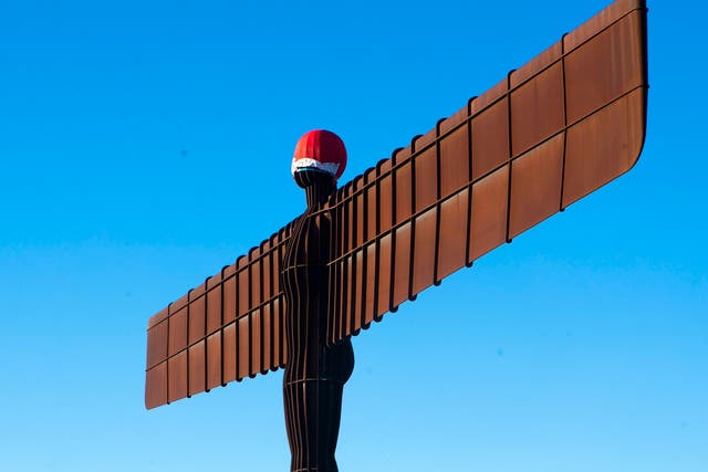 Santa hat on the 20 metre-tall sculpture 'Angel of the North'