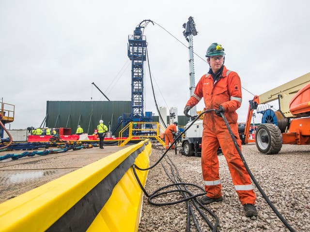 A worker at the Cuadrilla fracking site in Preston New Road, Little Plumpton, Lancashire