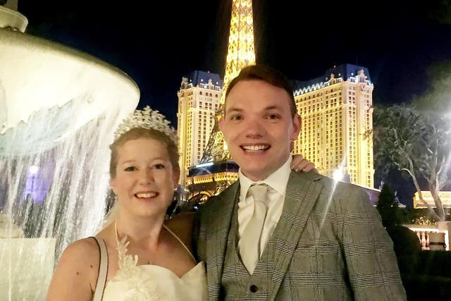 Sarah Elliott, 34, and Paul Edwards, 36, at their marriage in Las Vegas, USA