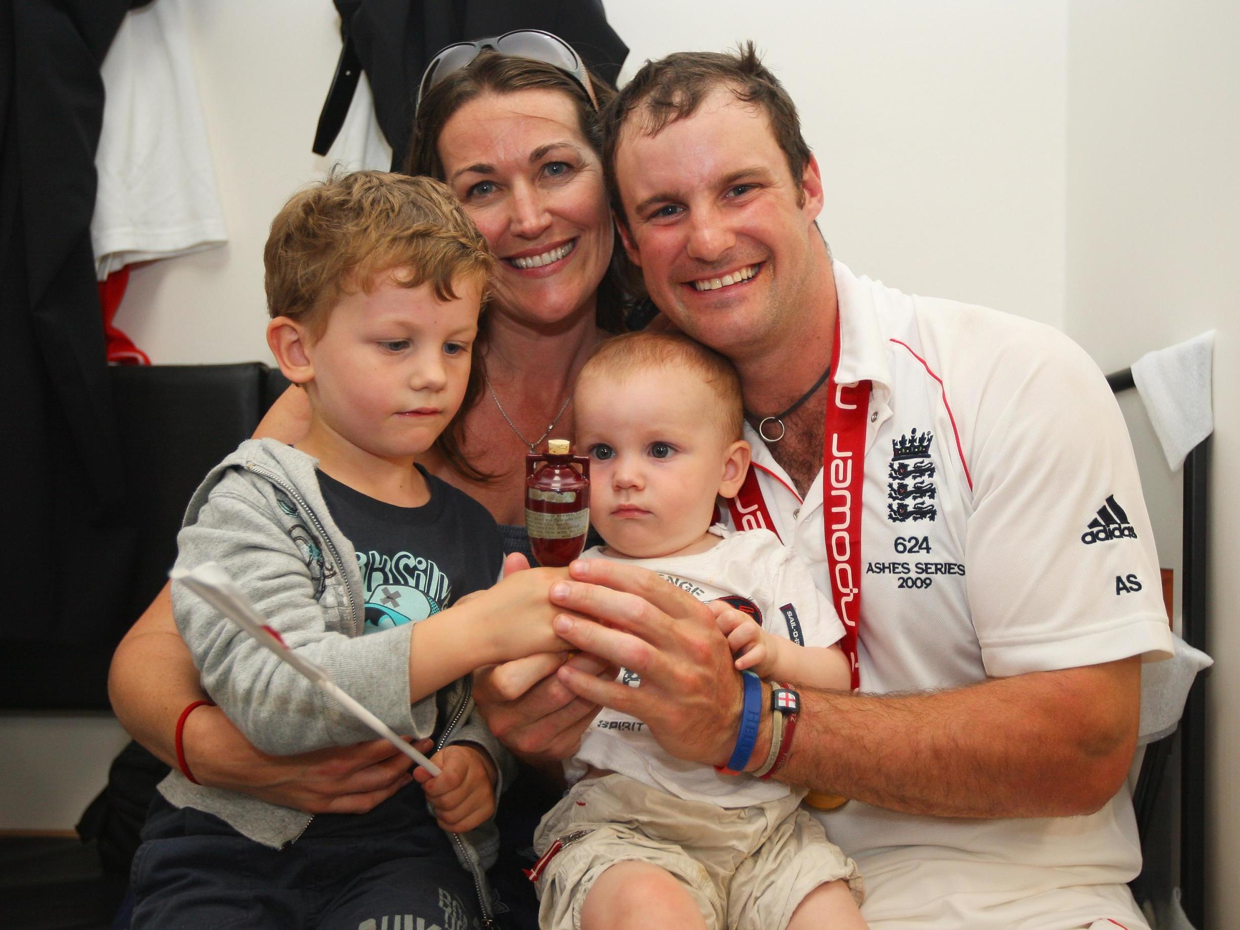 Andrew Strauss of England with wife Ruth and children Samuel and Luca