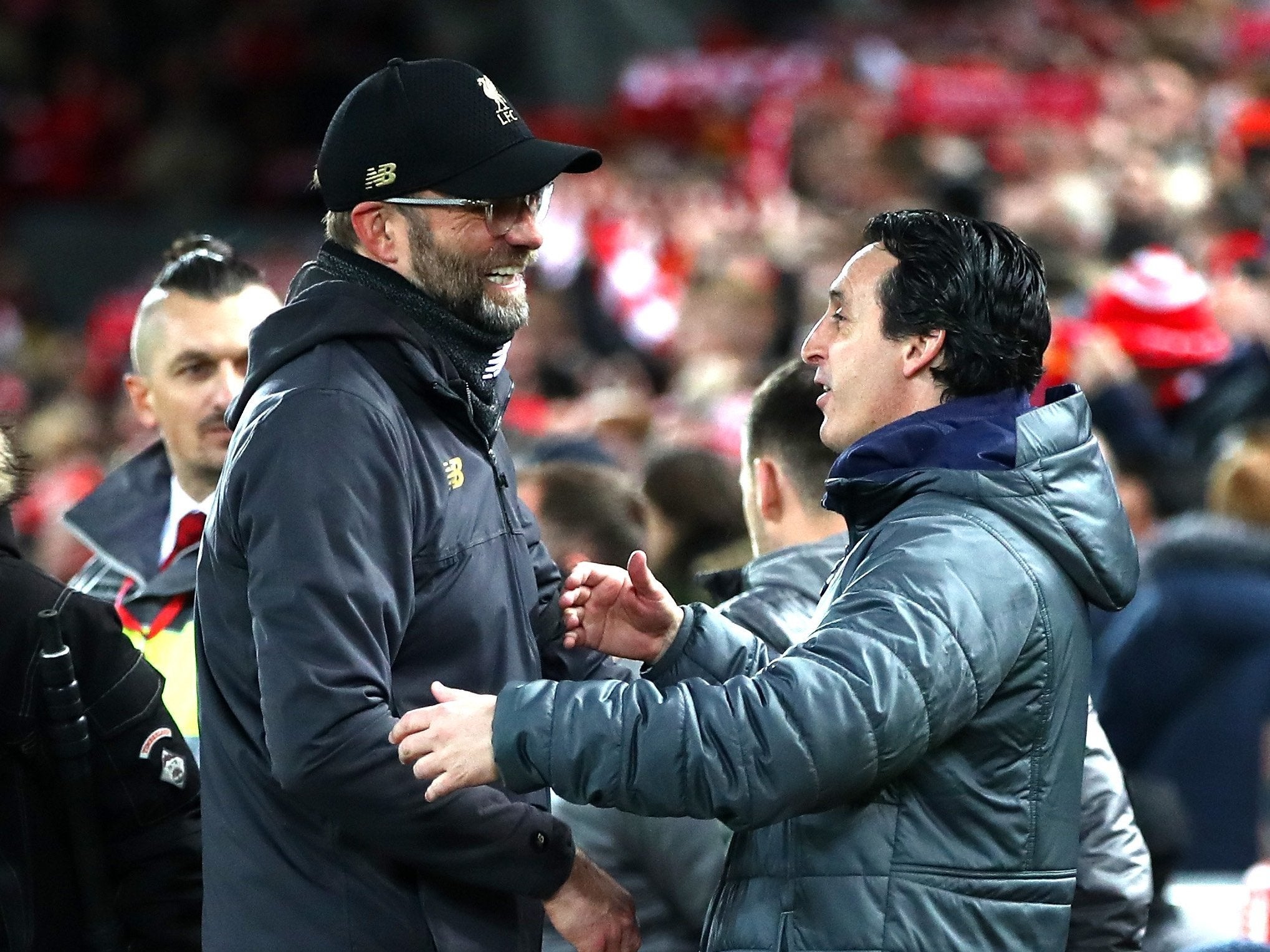 Jurgen Klopp manager of Liverpool and Unai Emery manager of Arsenal