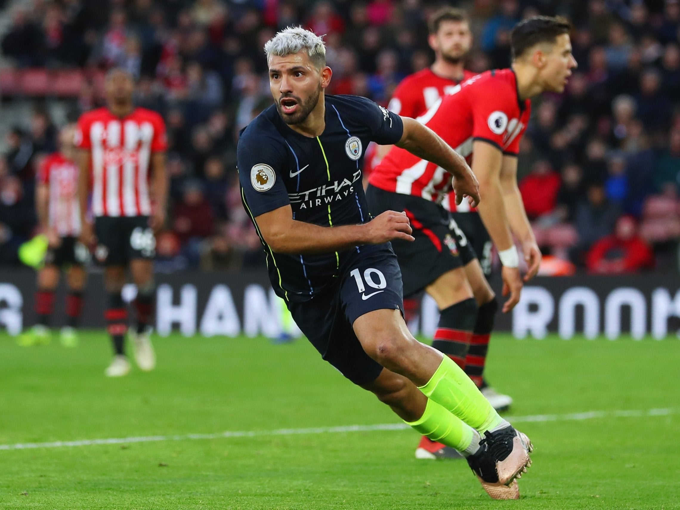 Sergio Aguero of Manchester City celebrates as he scores