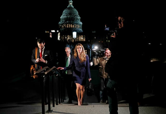 Then-White House Communications Director Hope Hicks leaves the Capitol after testifying before the House Intelligence Committee. Reuters