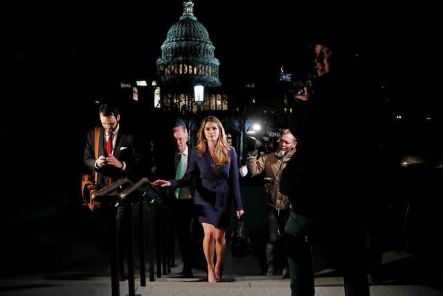 Then-White House Communications Director Hope Hicks leaves the Capitol after testifying before the House Intelligence Committee. Reuters