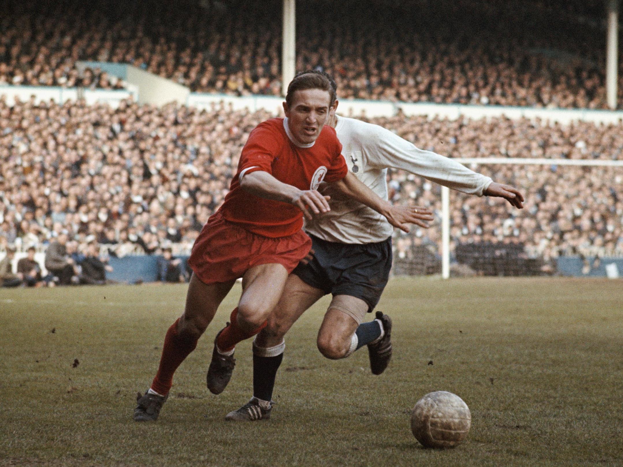 ‘His balance was like a ballet dancer,’ manager Bill Shankly said of the winger, seen in action at Spurs in 1968