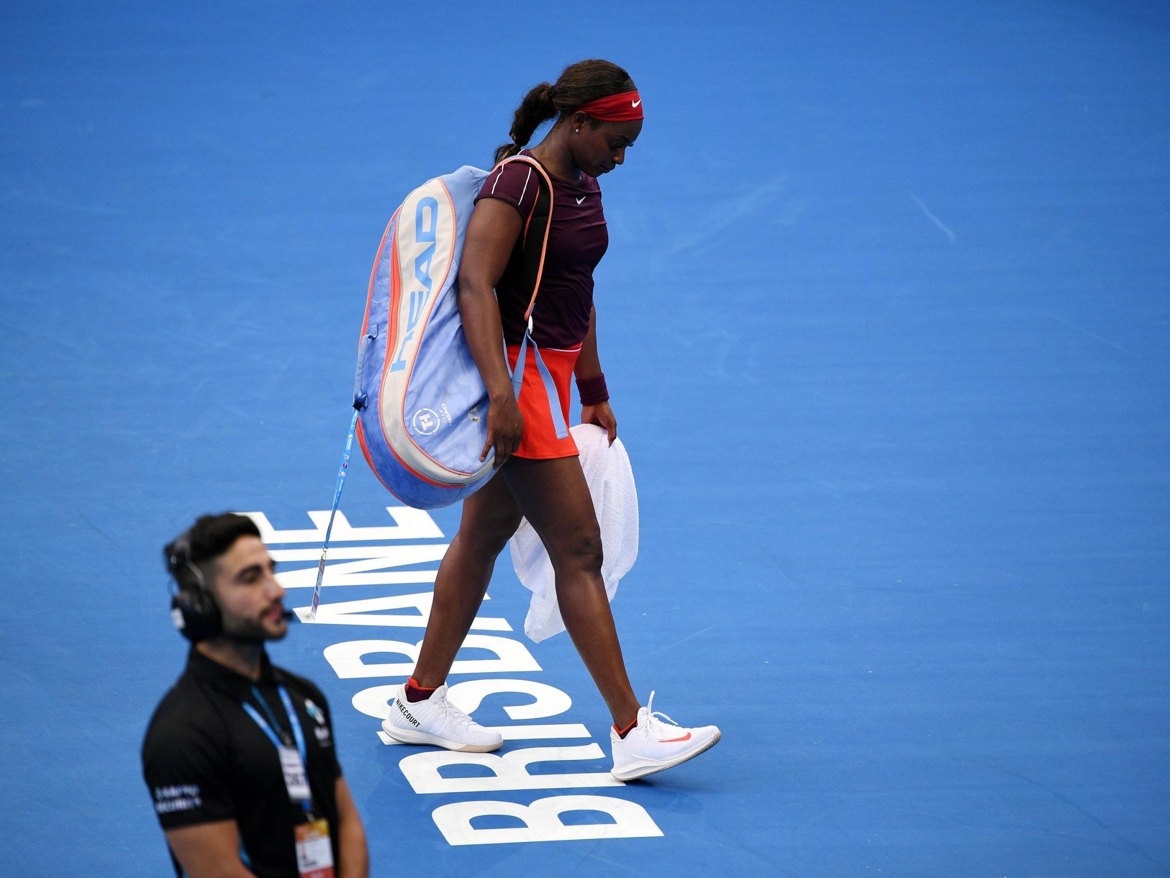 Sloane Stephens walks off court after losing to Johanna Konta