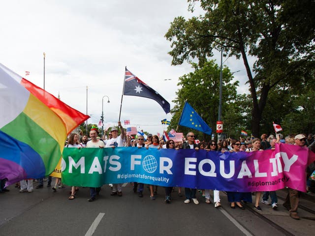 Participants of the 'Regenbogenparade' (Rainbow Parade) march in Vienna, Austria, 17 June 2017