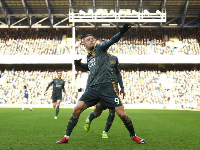 Jamie Vardy celebrates what proved to be the winner at Goodison Park
