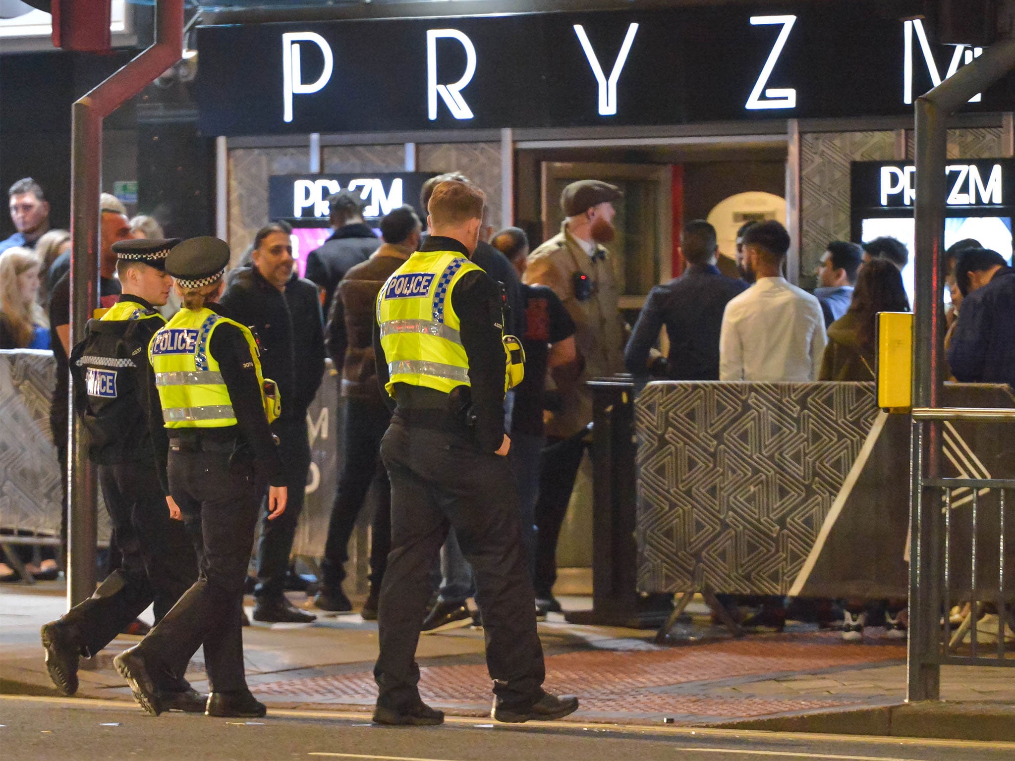 Police patrol outside a nightclub in Leeds on New Year’s Eve