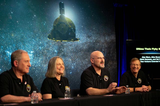 New Horizons principal investigator Alan Stern of the Southwest Research Institute (SwRI), New Horizons Mission Operations Manager Alice Bowman of the Johns Hopkins University Applied Physics Laboratory (APL), New Horizons mission systems engineer Chris Hersman of Johns Hopkins University APL and New Horizons project scientist Hal Weaver of Johns Hopkins University APL, participate in a news conference after the team received confirmation from the New Horizons spacecraft that it has completed the flyby of Ultima Thule