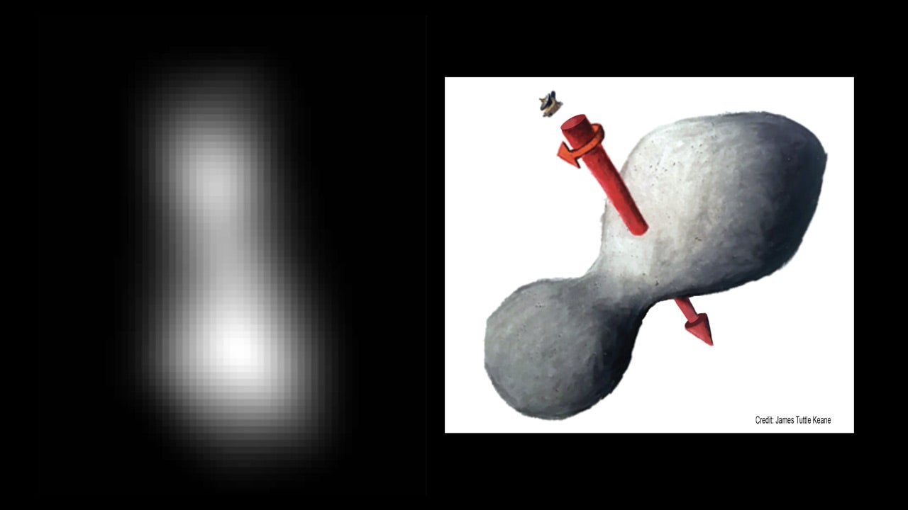 At left is a composite of two images taken by New Horizons' high-resolution Long-Range Reconnaissance Imager (LORRI), which provides the best indication of Ultima Thule's size and shape so far. Preliminary measurements of this Kuiper Belt object suggest it is approximately 20 miles long by 10 miles wide (32 kilometers by 16 kilometers). An artist's impression at right illustrates one possible appearance of Ultima Thule, based on the actual image at left. The direction of Ultima's spin axis is indicated by the arrows (NASA/JHUAPL/SwRI; sketch courtesy of James Tuttle Keane)