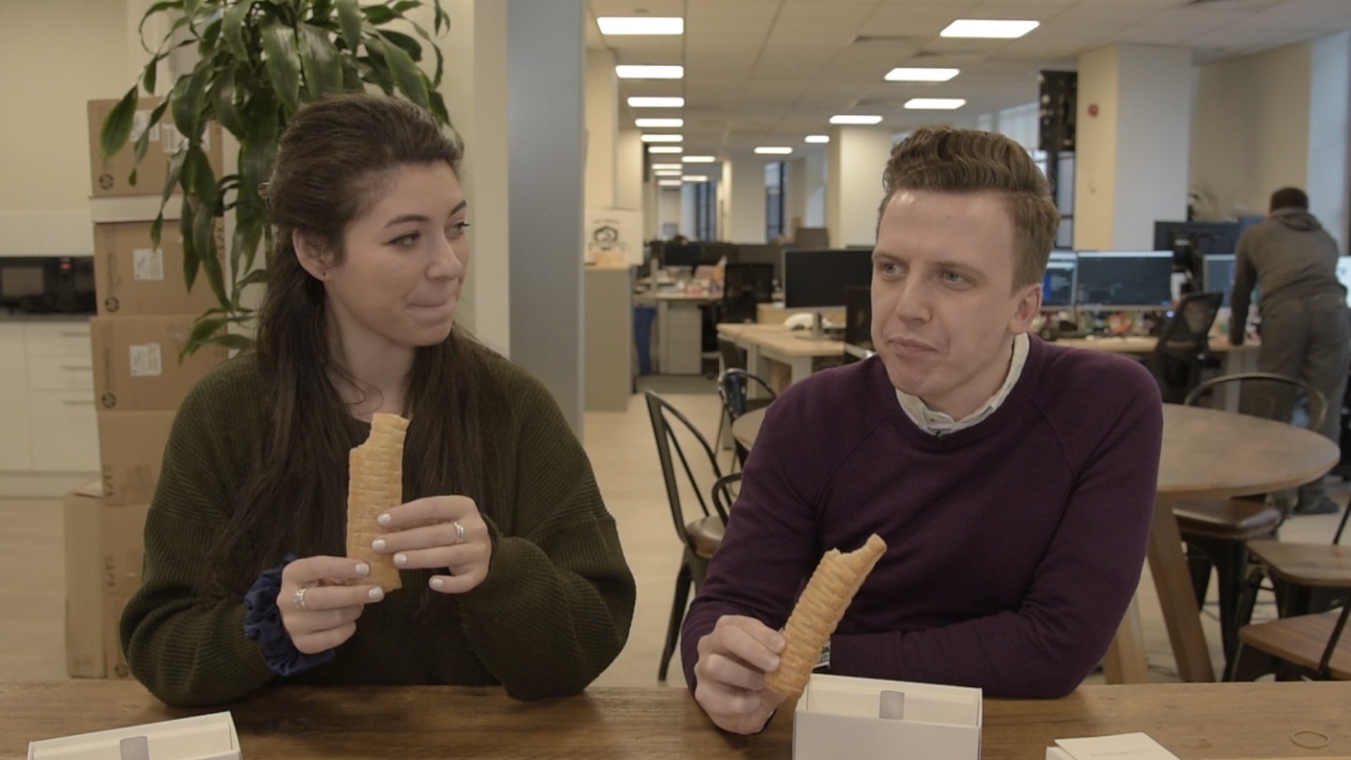 Sabrina Barr and Ben Kelly of The Independent try?Greggs’ vegan sausage rolls