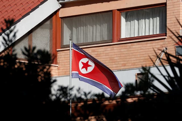 The flag of North Korea flutters in front of its embassy in Rome, Italy