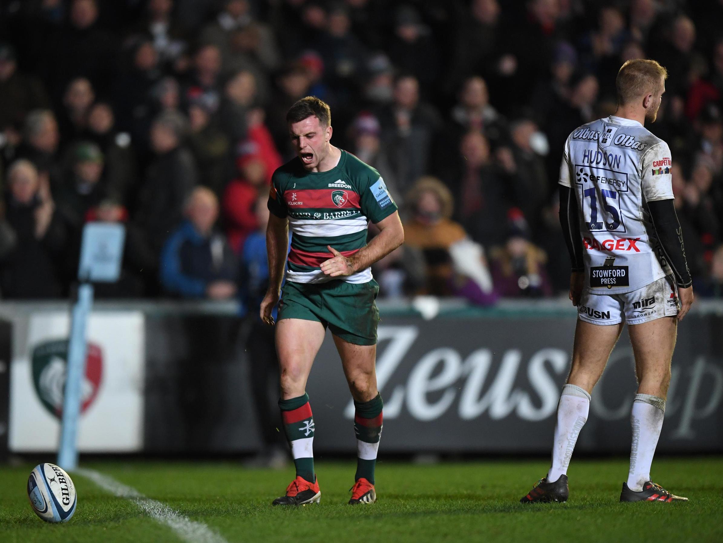 George Ford celebrates scoring a try for Leicester