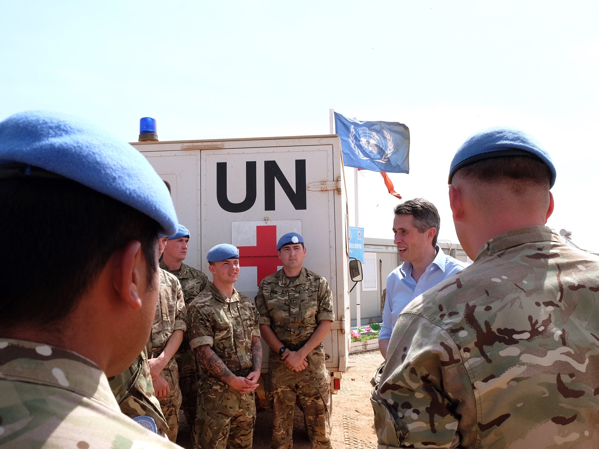 The defence secretary talks to British troops who are part of a UN mission in South Sudan