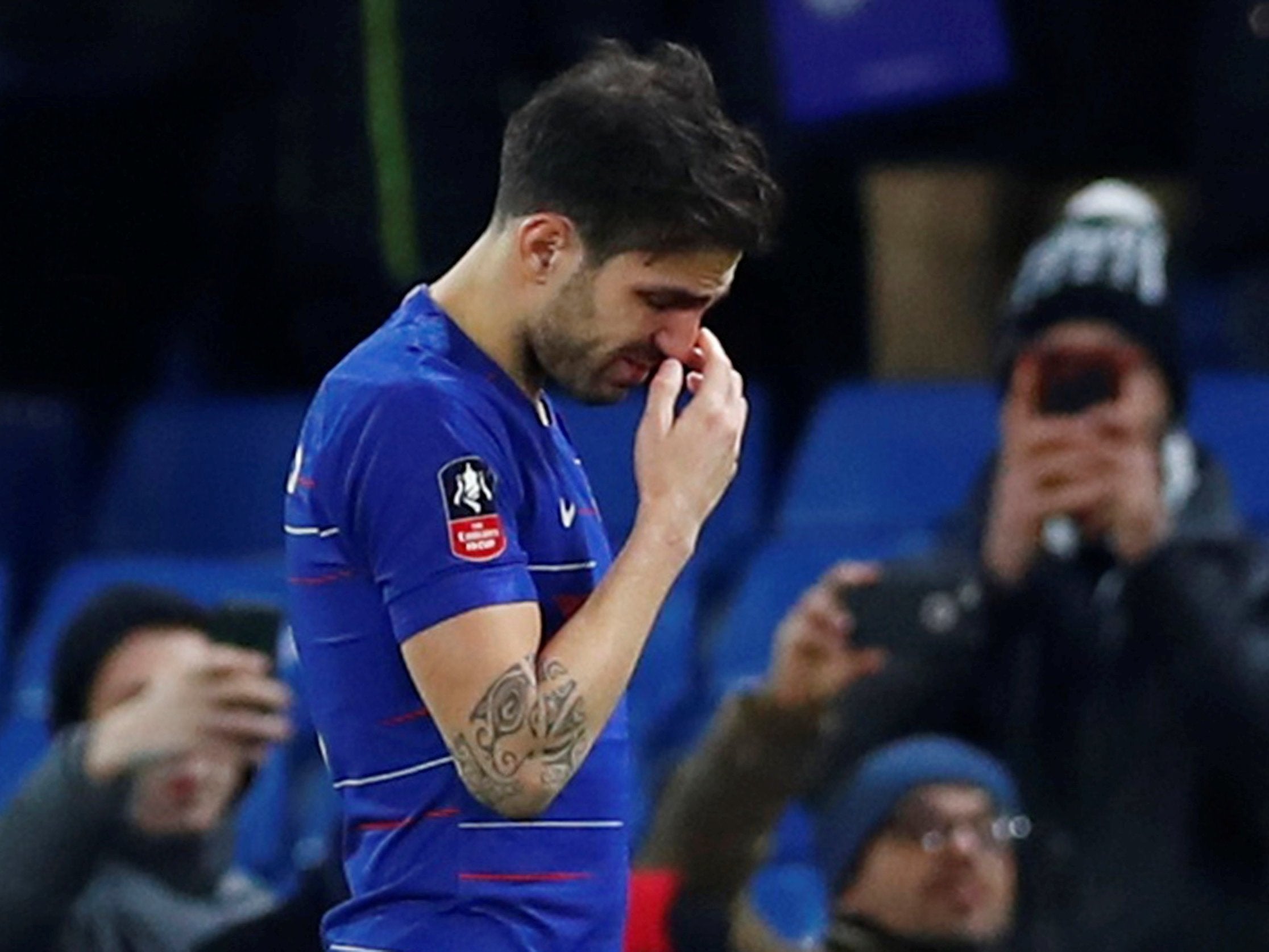 A tearful Cesc Fabregas left the Stamford Bridge pitch for the final time on Saturday