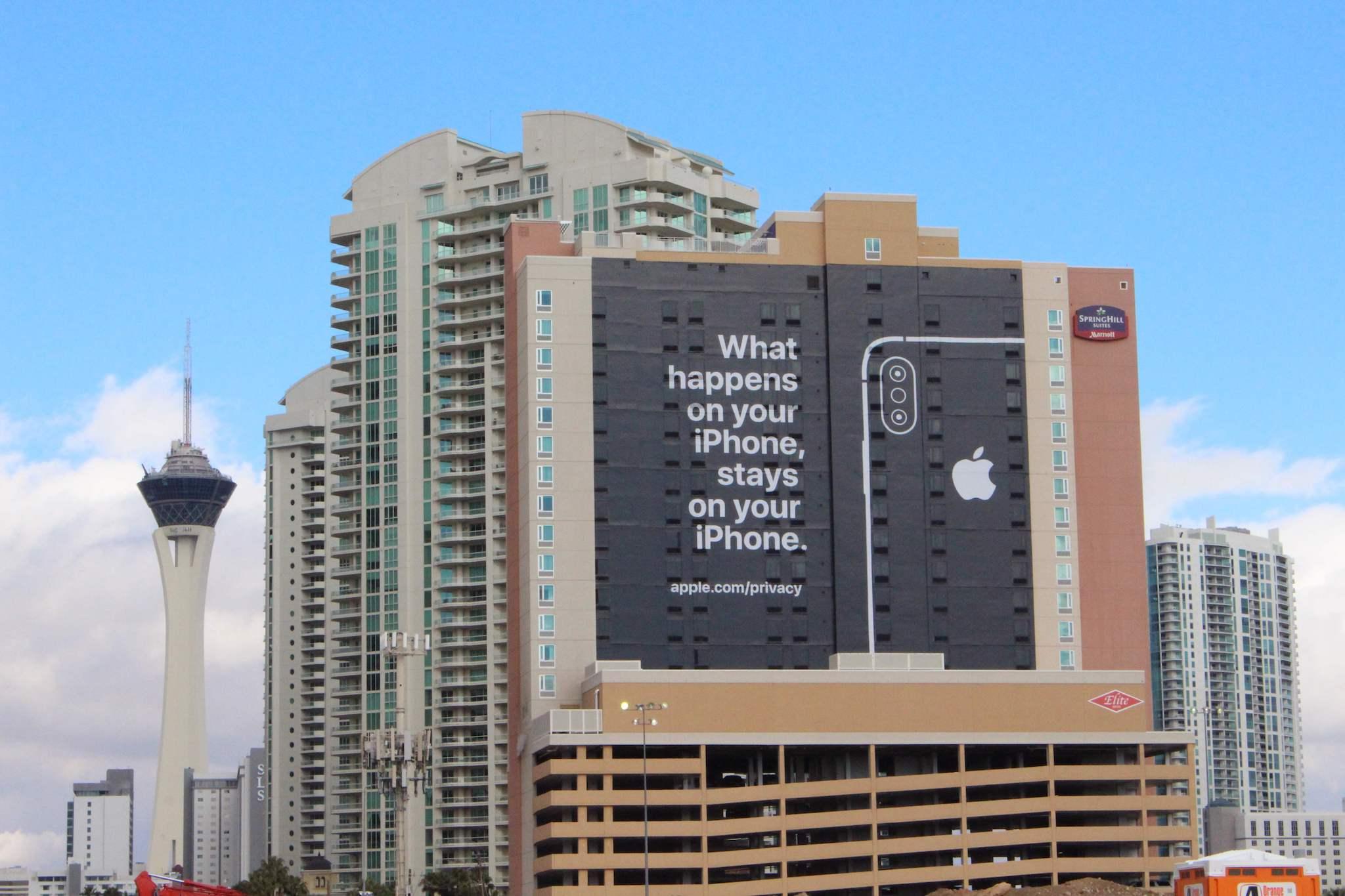 A view of buildings in the distance as Apple takes a shot at rivals such as Google on the data privacy front at the major Consumer Electronics Show in Las Vegas, on January 6, 2019, with a message on the side of a hotel playing off Sin City, "What happens in Vegas stays in Vegas"