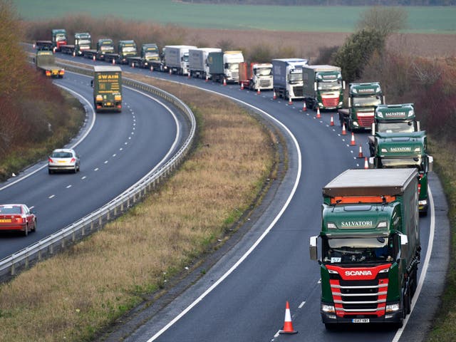 Lorries queue during a test drive to the Port of Dover during a trial of how roads will cope in a no-deal scenario
