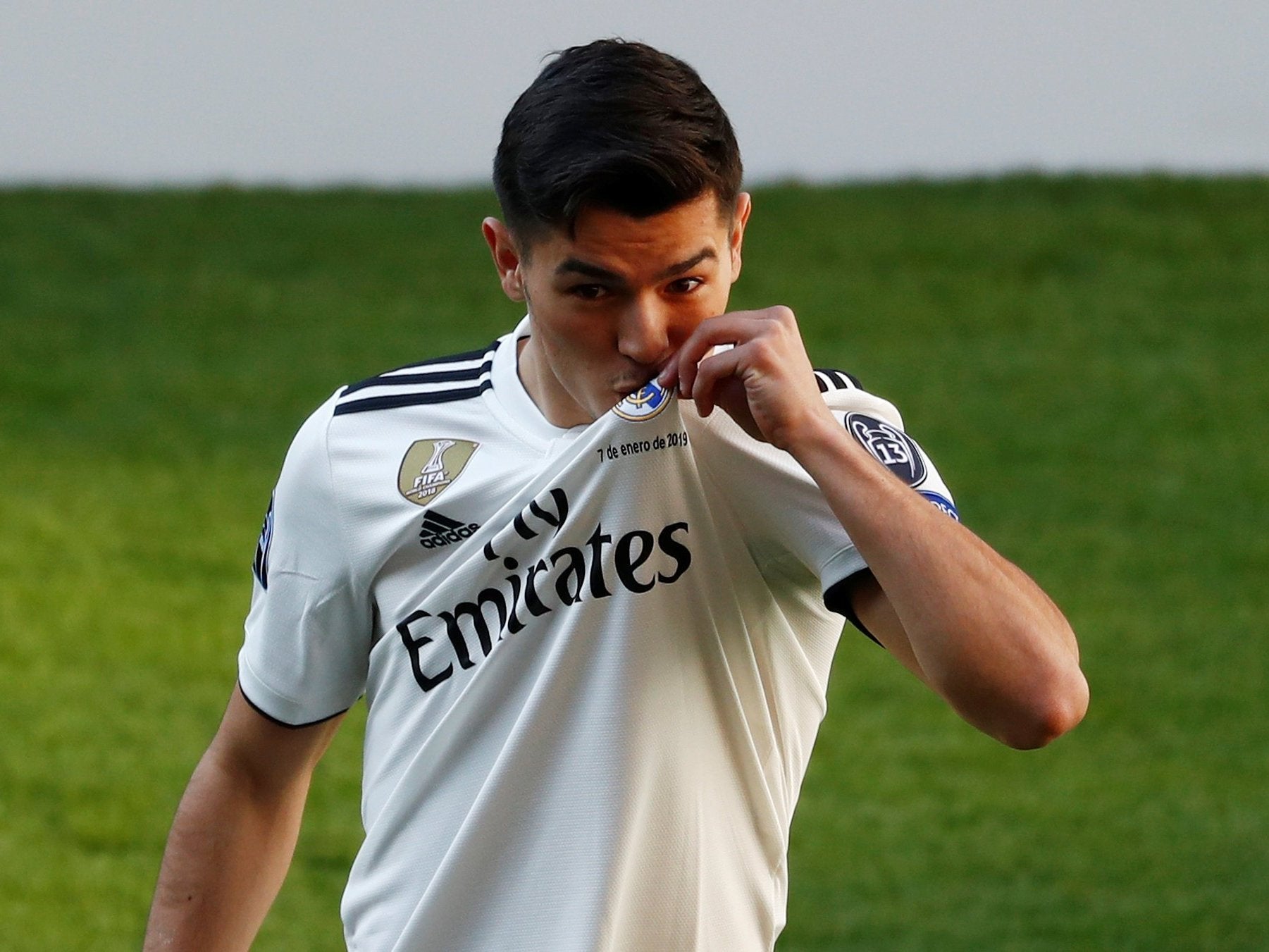 Real Madrid's Brahim Diaz poses on the pitch during the presentation (Reuters)