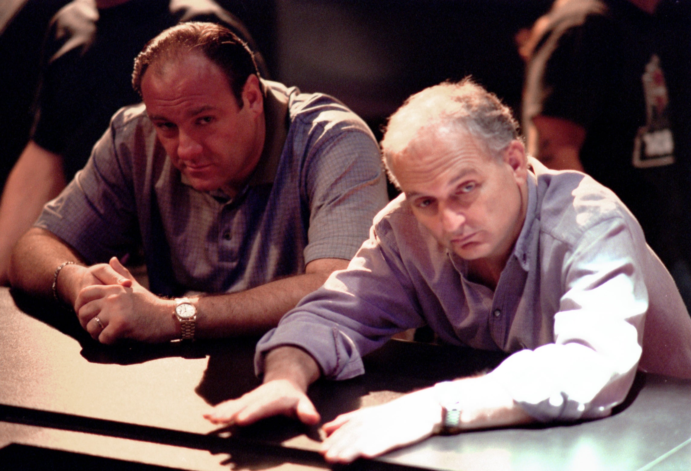 Gandolfini with ‘Sopranos’ creator David Chase on set (Getty)