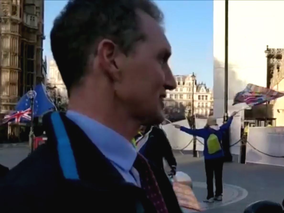 Monmouth MP David Davies speaks to The Independent during a Brexit protest outside parliament