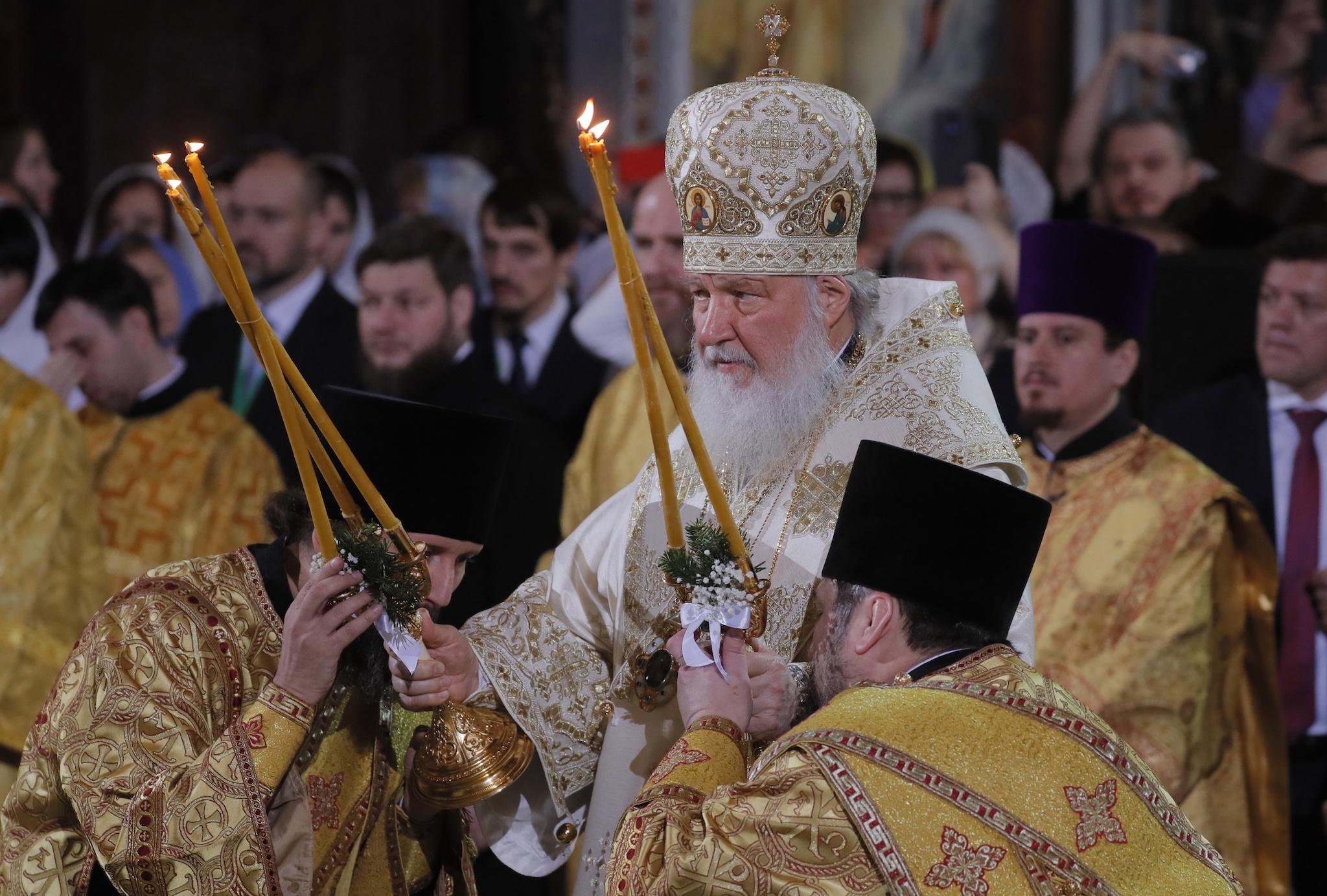 Patriarch of Moscow and All Russia Kirill (C) leads a Christmas service at the Christ the Savior Cathedral in Moscow, Russia, 06 January 2019