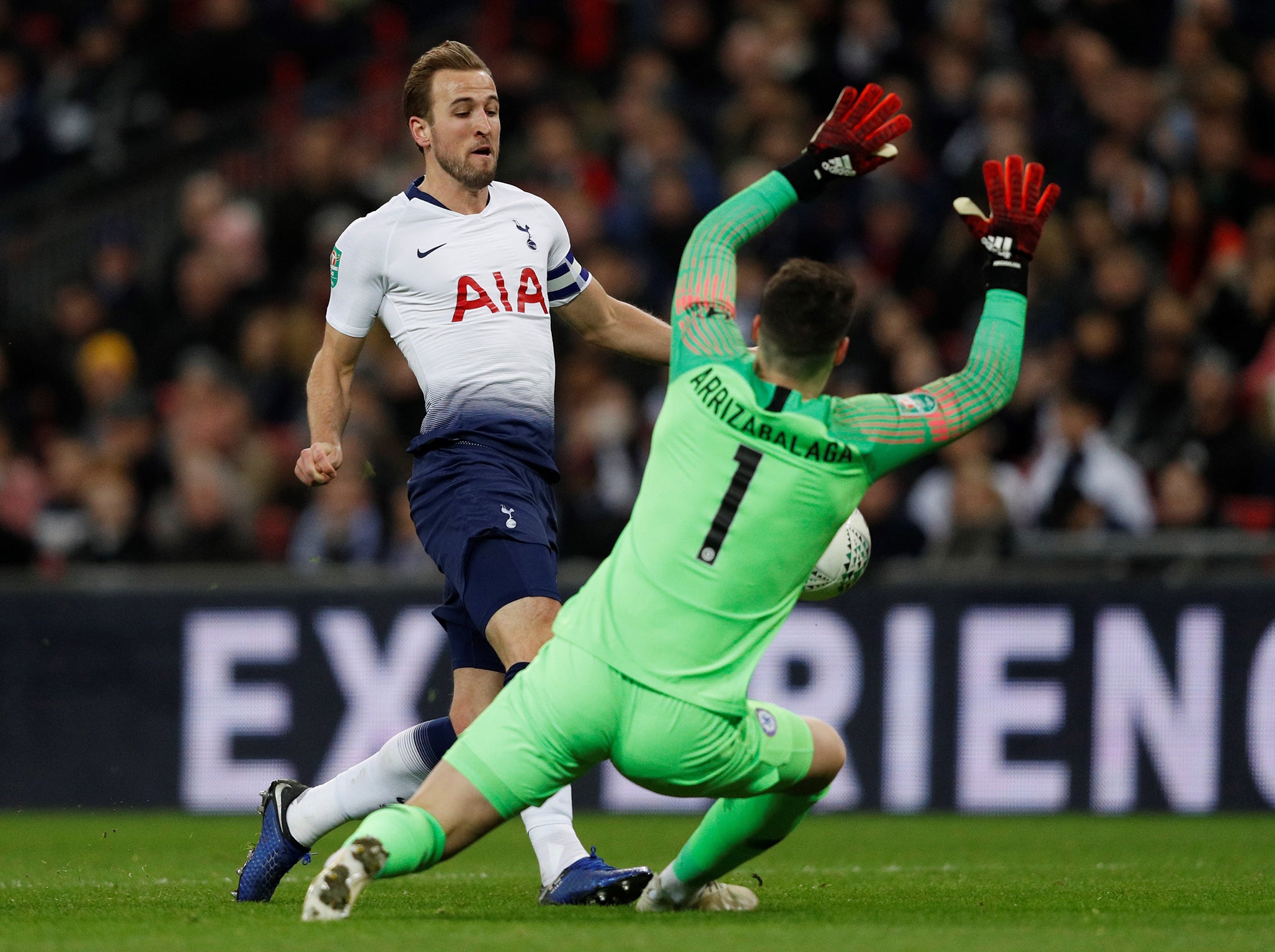 Harry Kane was brought down by Kepa Arrizabalag after storming through on goal