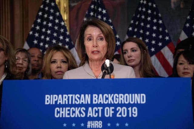 US House Speaker Nancy Pelosi holds a press conference to introduce legislation on expanding background checks for gun sales