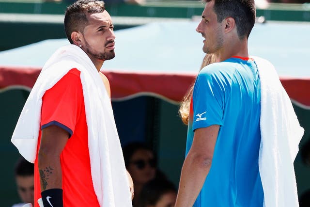 <p>Nick Kyrgios (left) and Bernard Tomic have met once in competitive senior tennis </p>