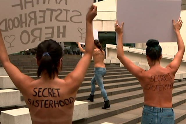 Four topless women protest outside the Saudi Consulate in Sydney on 10 January, 2019, in support of runaway Saudi teen Rahaf Mohammed Al-Qunun's bid to settle in Australia as a refugee.