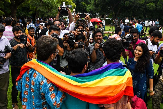 Members of the lesbian, gay, bisexual, transgender (LGBT) community celebrate outside the Supreme Court after the decision to strike down the colonial-era ban on gay sex on 6 September, 2018. But HIV charities find the stigma towards homosexuality in India hasn't gone away
