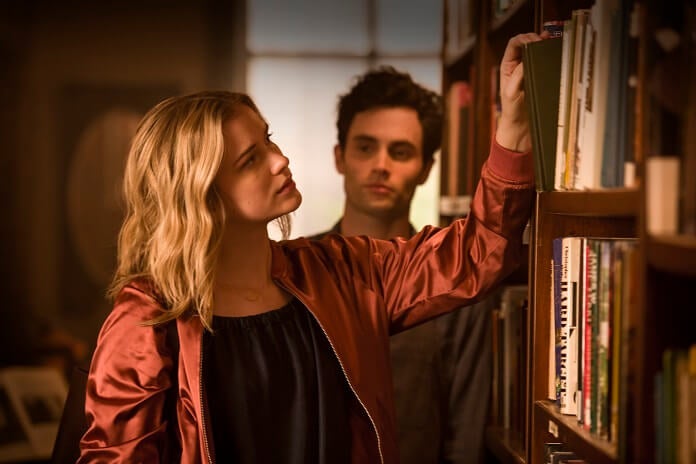 Elizabeth Lail and Penn Badgley in Netflix's thriller YOU