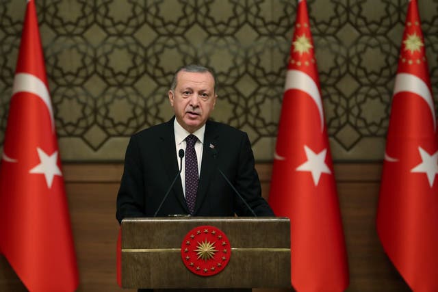 Turkish President Tayyip Erdogan speaks during a ceremony in Ankara