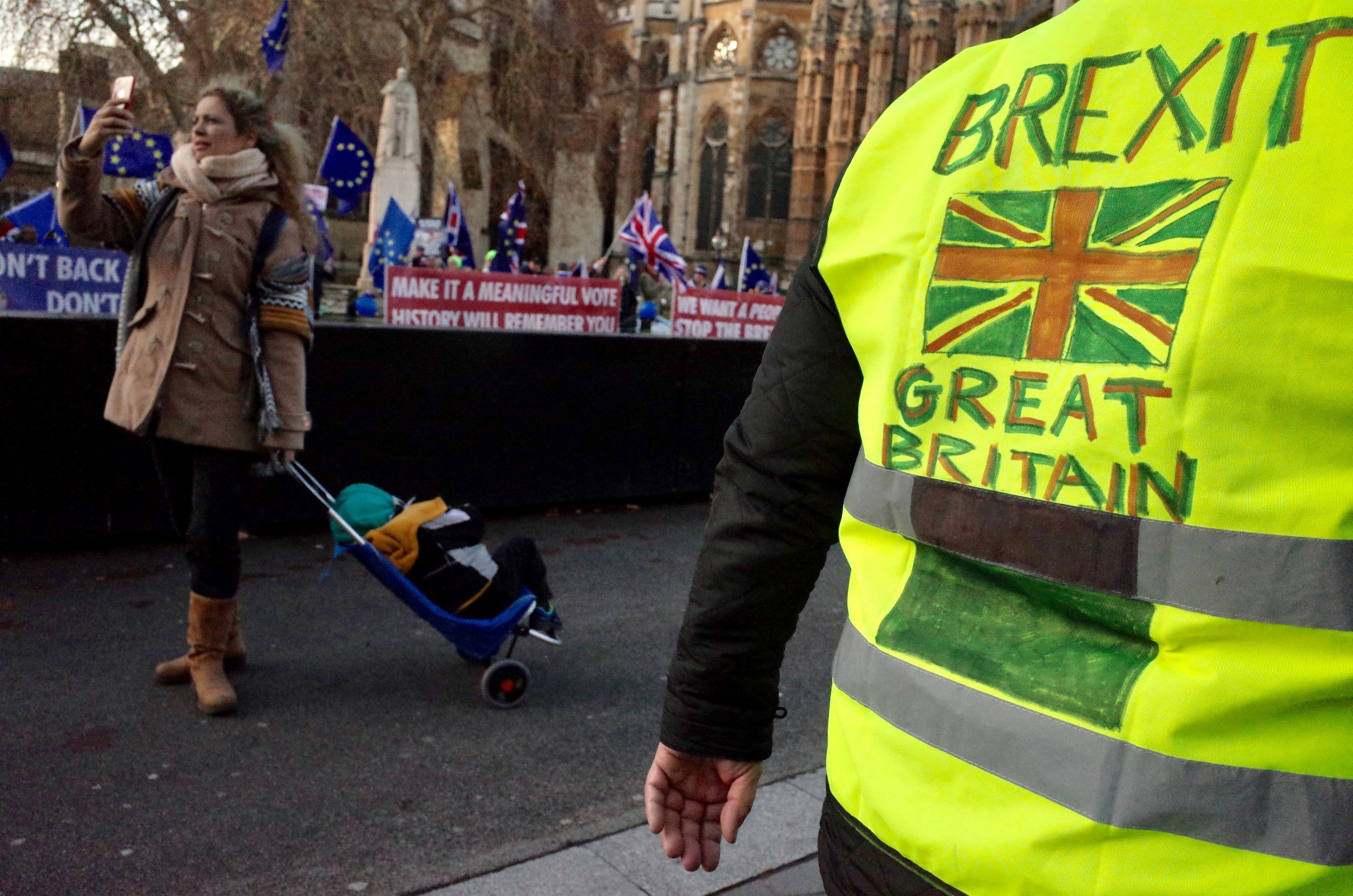 A mother photographs herself outside the Houses of Parliament in between pro-Brexit and anti-Brexit protesters