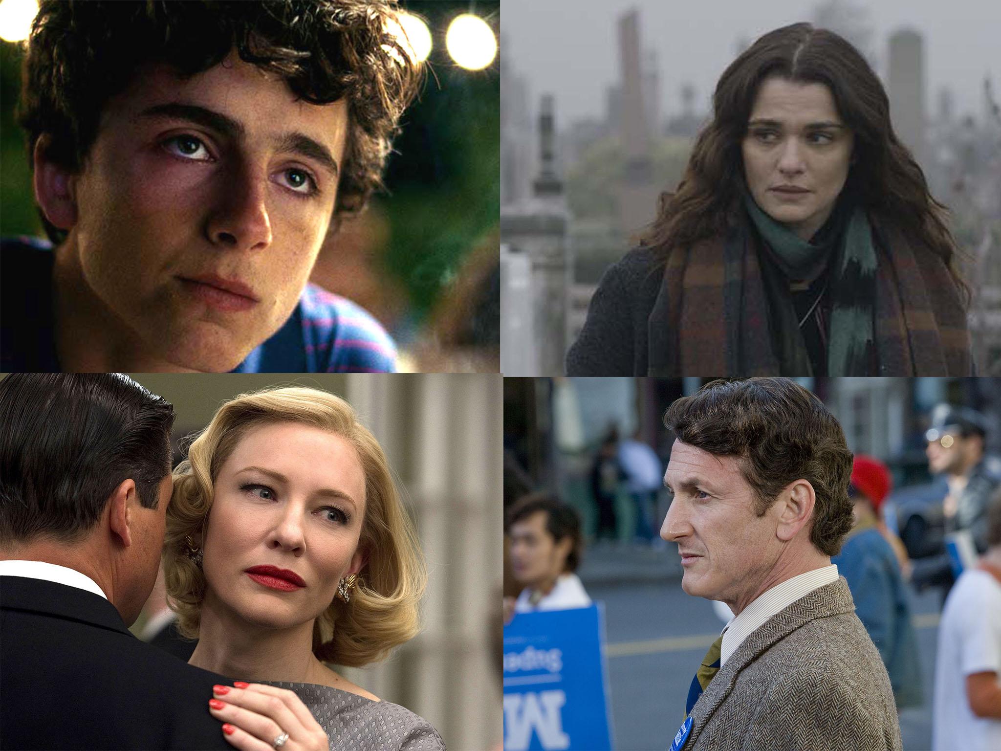 Clockwise from top left: Timothée Chalamet in ‘Call Me by Your Name’; Rachel Weisz in ‘Disobedience’; Sean Penn in ‘Milk’; and Cate Blanchett in ‘Carol’