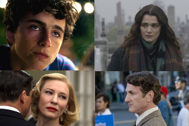 Clockwise from top left: Timothée Chalamet in ‘Call Me by Your Name’; Rachel Weisz in ‘Disobedience’; Sean Penn in ‘Milk’; and Cate Blanchett in ‘Carol’