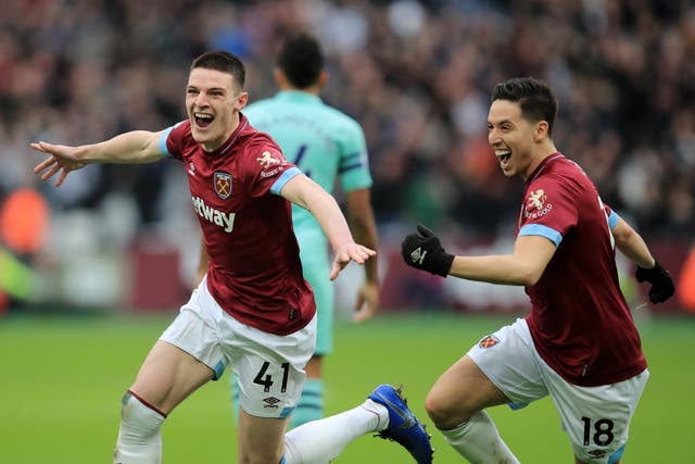 Declan Rice celebrates after putting West Ham ahead against Arsenal