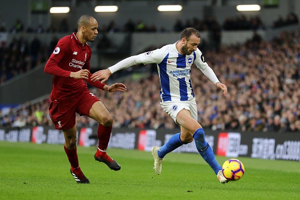 Fabinho, filling in at centre-back, had to battle against the always rugged Glen Murray